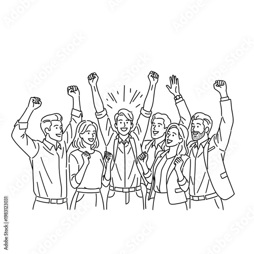 Diverse group of people celebrating, raising fists in triumph, business team success
