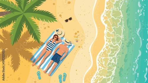 Happy couple enjoys a sunny day at the beach by sunbathing on a towel near the rolling ocean waves and a tall palm tree.