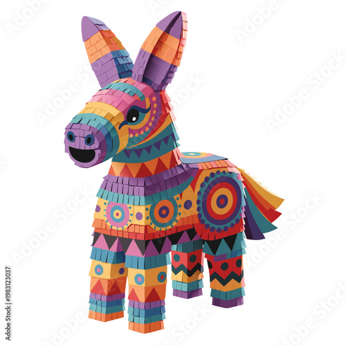 Vibrant and playful 3D illustration of a festive donkey piñata, intricately decorated with colorful geometric patterns, perfect for a celebration or party design
