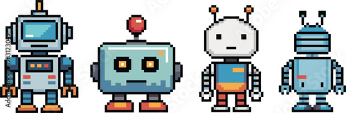 Pixel robot characters set, cute retro game bots collection, 8bit vector illustration design