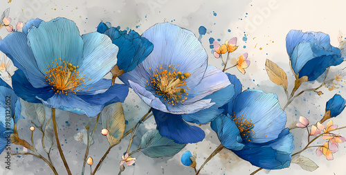 Arrière-plan floral abstrait à l'aquarelle bleue et dorée pour design d'invitation élégant