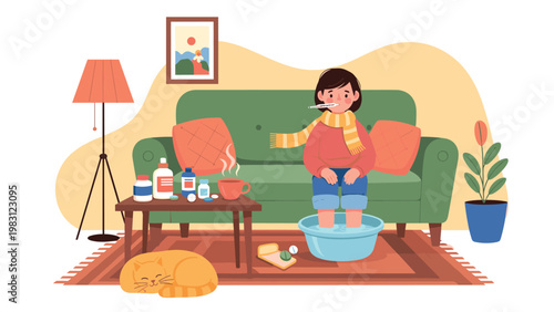 Sick young girl sits on a sofa with a thermometer in her mouth and her feet in a warm water basin while recovering at home.