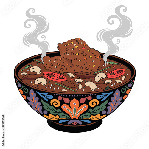 Deliciously Crafted Vector Illustration of a Warm Savory Meal, Served in an Intricately Patterned Folk Art Bowl with Rising Steam and Rich Ingredients