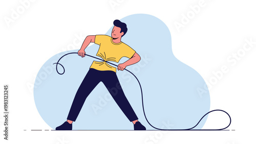 Conceptual illustration shows a man in a yellow shirt pulling a rope that is tightly wrapped around his waist.