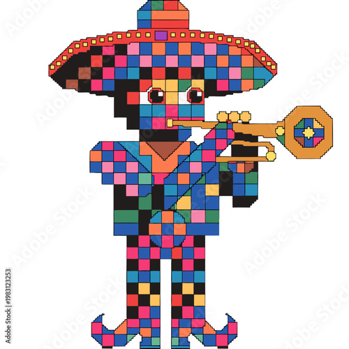Retro pixel art vector illustration of a festive Mexican musician playing a trumpet, wearing a sombrero with a vibrant, colorful geometric block design