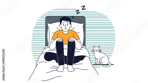 Tired and worried man sits in bed at night suffering from insomnia while a white cat sits nearby in the dark room.
