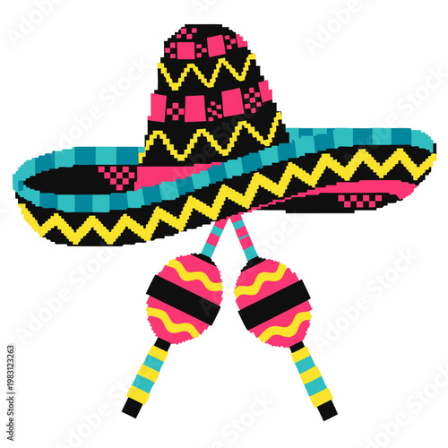 Festive pixelated Mexican sombrero and maracas illustration featuring vibrant, eye-catching geometric patterns, evoking a traditional cultural celebration spirit