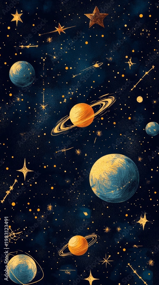 Naklejka premium A stylised night sky featuring planets and stars evokes a sense of mystery, providing an inspiring backdrop for space-themed illustrations.