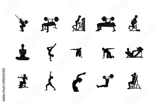 Professional Strength Training Machine Silhouettes Leg Press, Rowing, and Heavy Gym Equipment Vectors