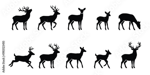 Black deer silhouette collection, 10 wild animal vector icons, stag and doe silhouettes in various poses, forest wildlife buck and fawn set