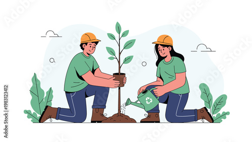 Environmentally conscious man and woman kneel together to plant a young tree in a field during a community event.