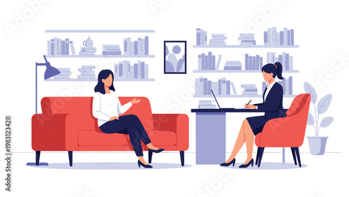 Professional woman sitting at a desk takes notes while talking to a female client seated on a red sofa in a modern office space.