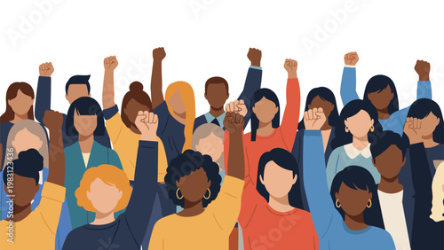 Diverse group of people standing together with their fists raised in the air, symbolizing unity, protest, and social justice activism.