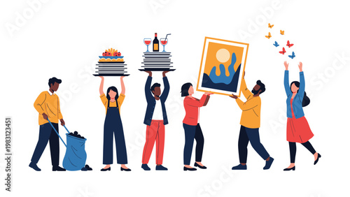 Group of diverse people carrying heavy items like a trash bag, food platters, a large painting, and colorful butterflies in a line.