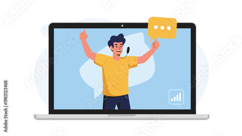 Laptop screen displaying a motivated male speaker with a headset and raised hands, representing online webinars and video conferencing.