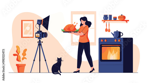 Woman in a home kitchen films a video of herself holding a roasted turkey, using a professional camera and lighting equipment.