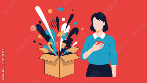 Woman placing her hand over her heart while standing next to an open cardboard box with colorful abstract shapes and symbols flying out.