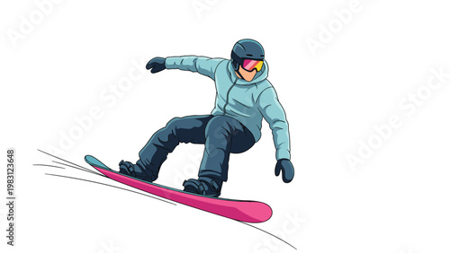 Athlete in full winter gear performs a trick while snowboarding down a steep mountain slope against a clean white background.
