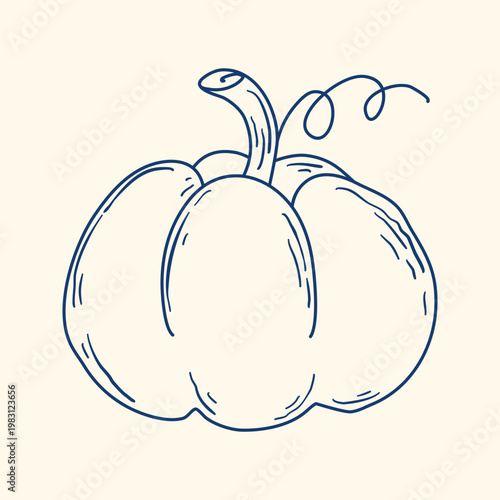 Pumpkin hand drawn in blue ink clip art. Large ripe pumpkin doodle style. Healthy organic food, nutritional product. Vector graphics