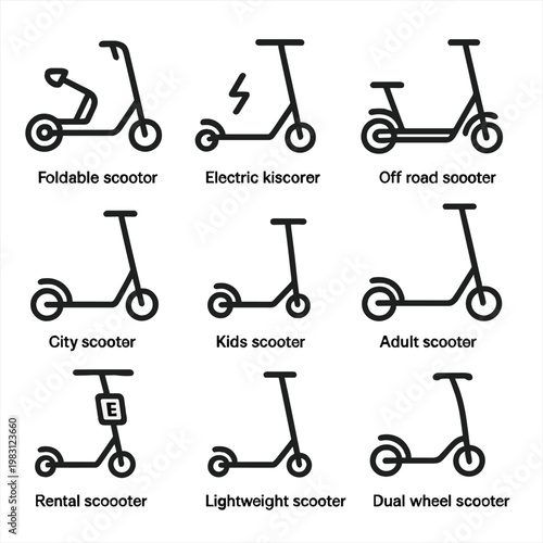 Nine simple scooter icons showing different types and uses for commuters