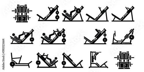 Gym leg press machine icons set, fitness equipment vector silhouettes, strength training workout station symbols for bodybuilding and leg day exercises