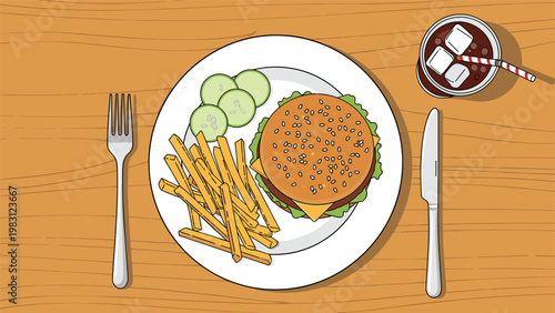Top down view of a delicious cheeseburger served with French fries and cucumber slices on a plate, accompanied by a cold soda.