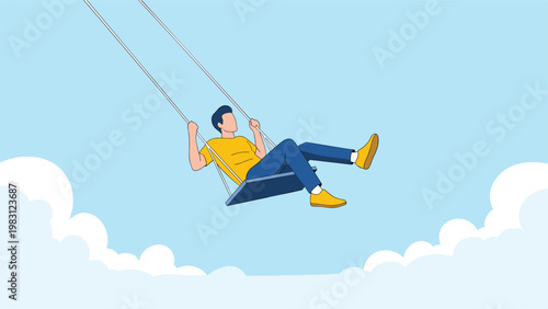Young man sitting on a swing high up in the blue sky above white fluffy clouds, representing freedom and imagination.