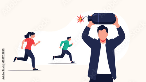 People running in fear as a man carries a large black bomb with a lit fuse above his head, depicting a dangerous situation.