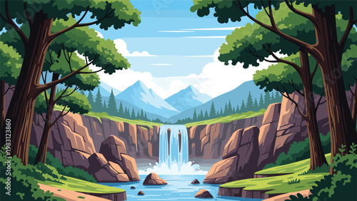 Serene landscape featuring a large blue waterfall flowing over rocky cliffs into a river, surrounded by pine trees and mountains.