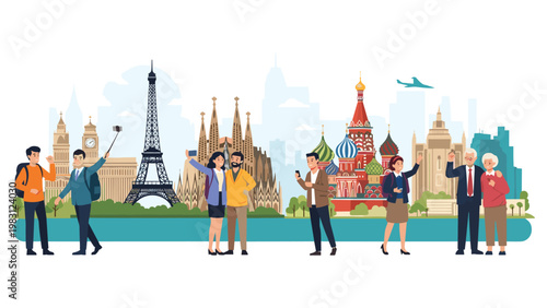 Diverse group of tourists taking photos and selfies in front of a skyline of famous international landmarks and monuments.