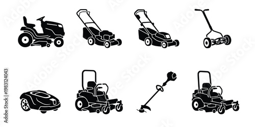 Lawn mower icon set, black silhouette garden equipment collection, professional landscaping tools and grass cutting machinery vector illustrations