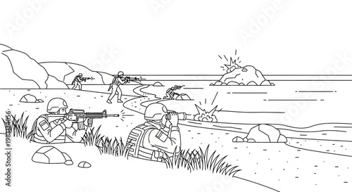 Military Operation: Soldiers Advancing Under Fire, Beach Landing, Combat Scene
