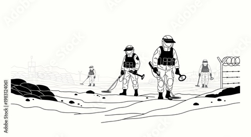Military personnel with metal detectors searching for mines in a desolate landscape