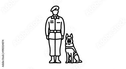 Military Soldier with Service Dog - Line Art Icon