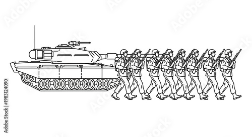 Military Tank and Soldiers Marching in Formation, Combat Ready