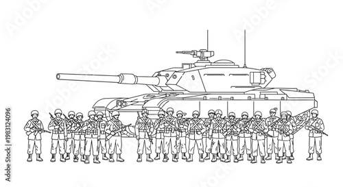 Military Tank and Soldiers Lineup