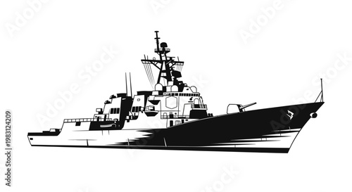 Modern Warship Silhouette, Naval Destroyer, Military Vessel, Vector Art