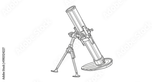 Mortar weapon, military equipment, artillery, tripod stand, battlefield weapon, line drawing
