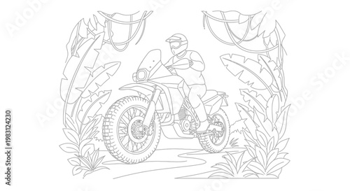 Motorcyclist Riding Through a Lush Jungle Path on an Adventure Bike
