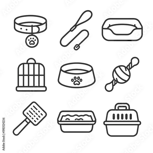 Pet care icons set: collar, leash, bed, cage, bowl, toy, carrier, litter box