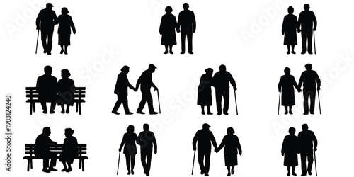 Elderly couple silhouettes set, senior citizens walking and sitting on park bench, retired people with walking sticks vector collection