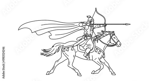 Mounted Archer with Flowing Cape Aiming Bow and Arrow on Horseback