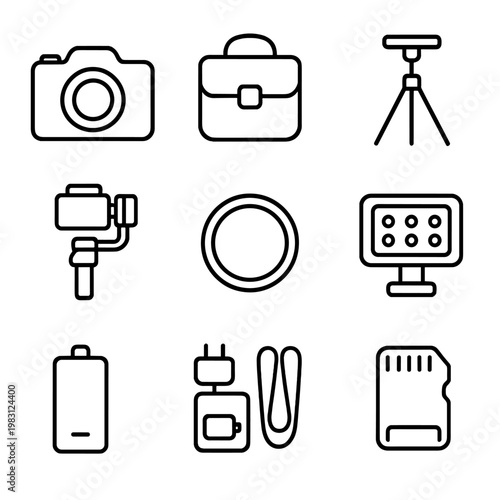 Camera and photography equipment icons with tripod and memory card