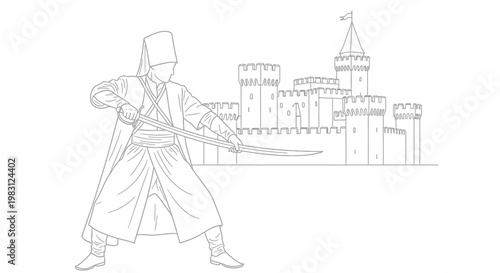 Ottoman Warrior with Sword and Castle Background - Historical Illustration