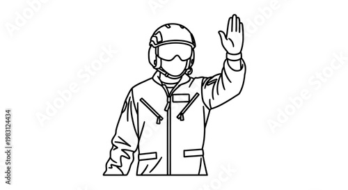 Pilot in uniform and helmet waving hand, aviation signal, communication, welcome gesture