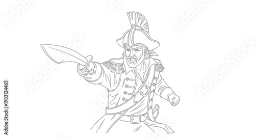 Pirate Captain with Cutlass Sword, Historical Military Uniform, Fierce Warrior Illustration