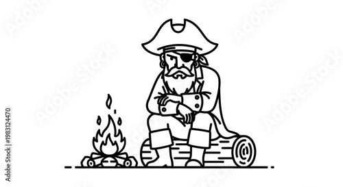 Pirate Sitting by Campfire on Log, Resting, Isolated