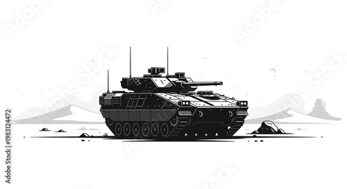 Pixel Art Tank in Desert Landscape - Military Vehicle Illustration