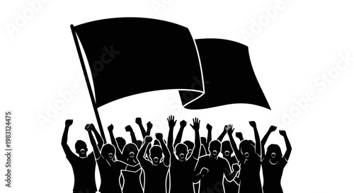 Protestors with Black Flags, Crowd Rallies with Raised Fists and Waving Banners