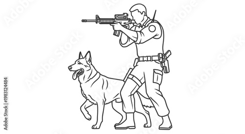 Police Officer with Tactical Dog Aiming Rifle, Security Patrol
